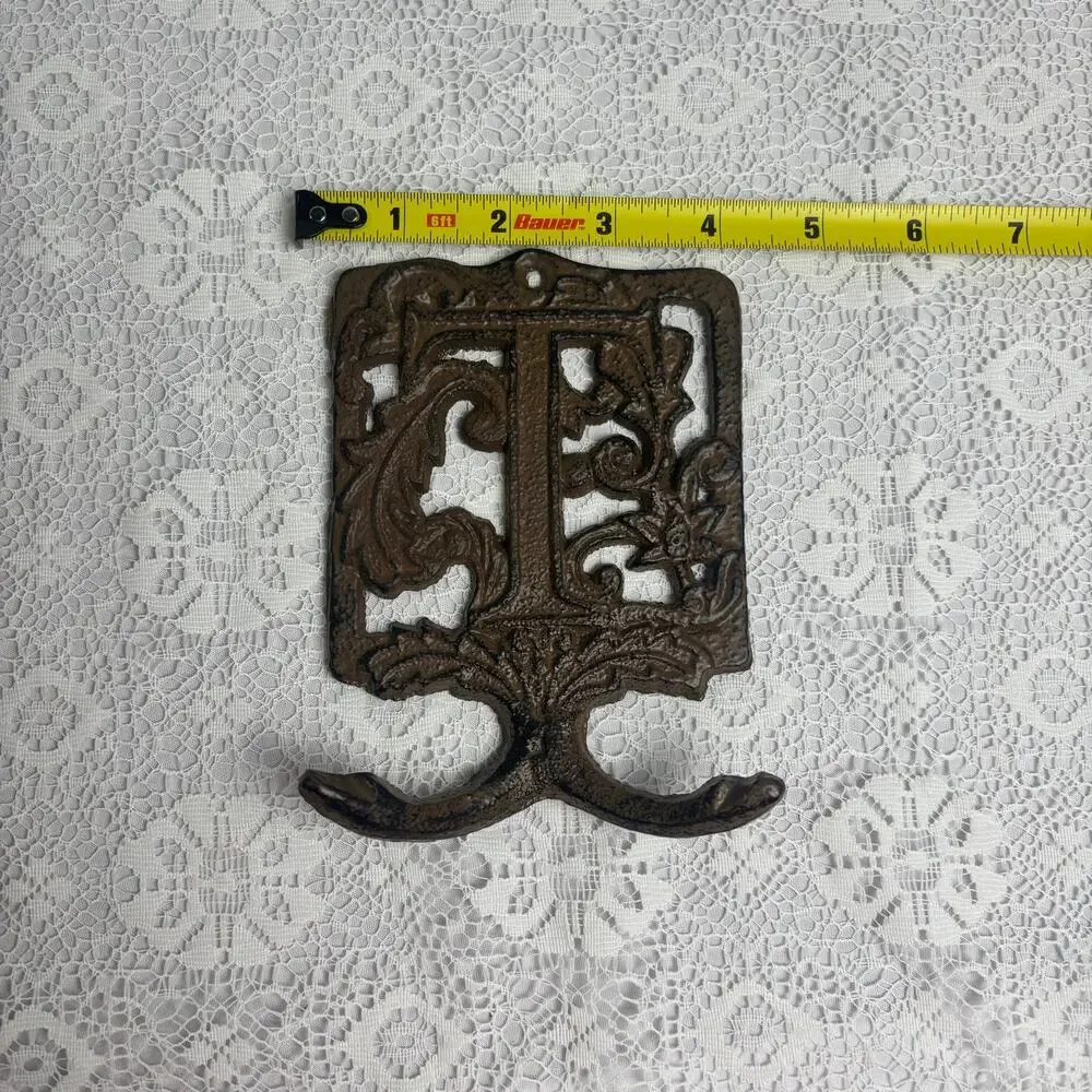 Vintage Cast Iron Wall Hook Ornate Victorian Style Rustic Brown Coat Hat Hook